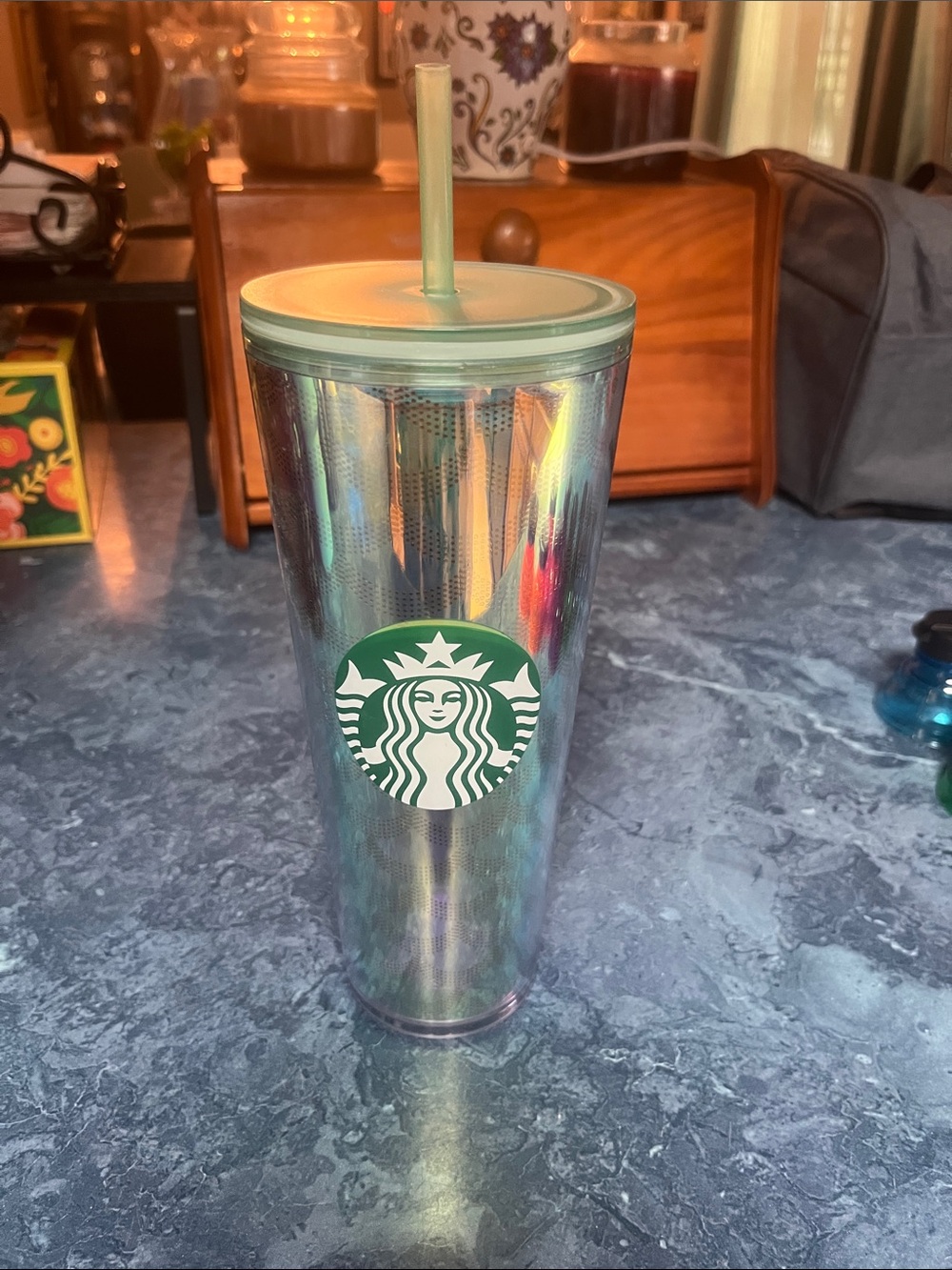 Starbucks Iridescent Tumbler with Green Logo Lid and Straw